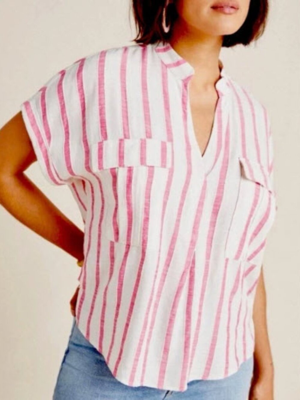 Maeve Women size S Pink & Cream Striped Amira Utility Blouse Linen Blend